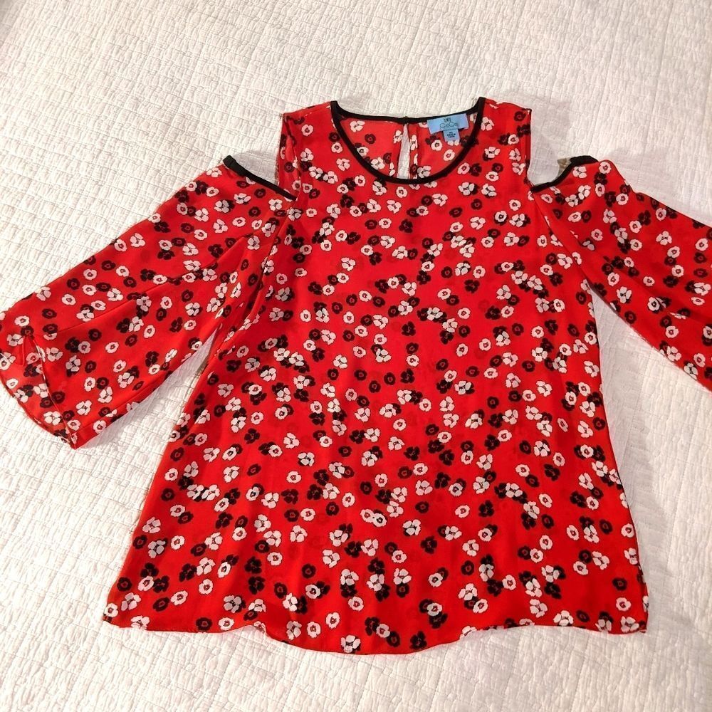 CeCe Ditsy Red Floral Cold Shoulder Blouse Size XS